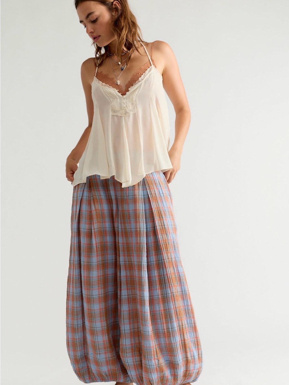 Free People Moonflower Plaid Pull-On
Balloon Pants in Sky Blue Combo